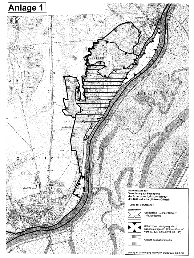 Anlage 1: Kartenskizze zur Verordnung zur Festlegung der Schutzzone I "Gartzer Schrey" des Nationalparks "Unteres Odertal" - Lage der Schutzzone I -