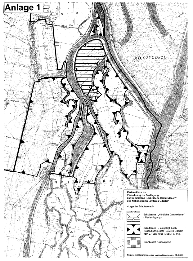 Anlage 1: Kartenskizze zur Verordnung zur Festlegung der Schutzzone I "Nördliche Dammwiesen" des Nationalsparks "Unteres Odertal"
