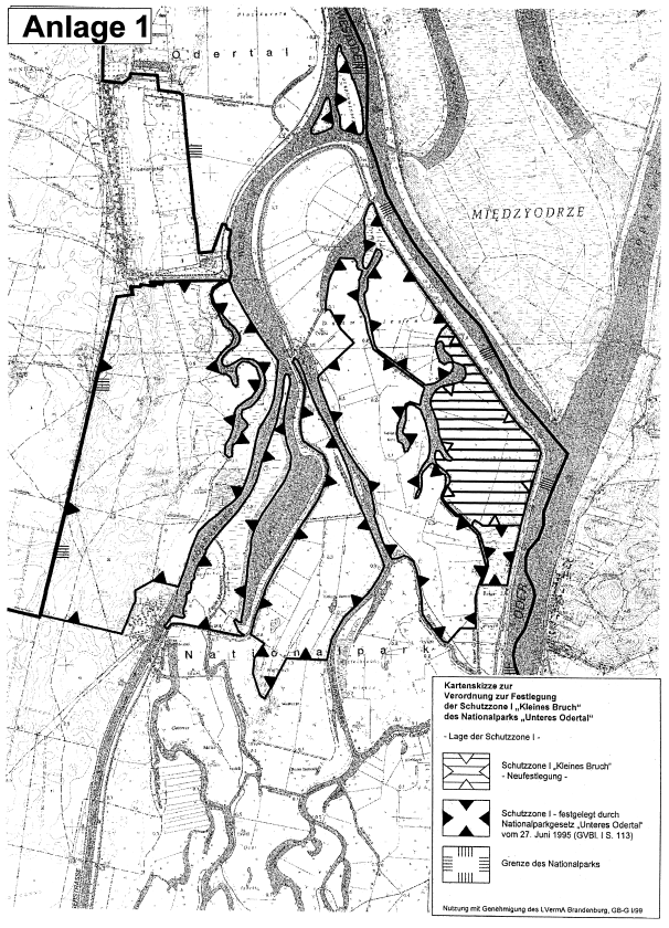 Anlage 1: Kartenskizze zur Verordnung zur Festlegung der Schutzzone I "Kleines Bruch" des Nationalparks "Unteres Odertal"