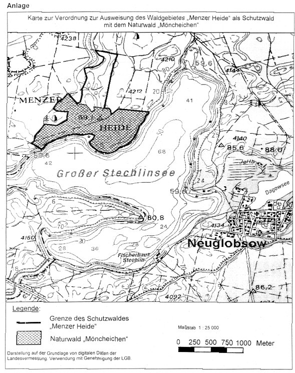 Karte zur Verordnung zur Ausweisung des Waldgebietes "Menzer Heide" als Schutzwald mit dem Naturwald "Möncheichen" 