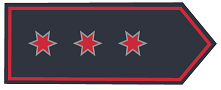 Schulterklappe in dunkelblauer Grundfarbe mit drei silber umrandeten sechszackigen Sternen rot gefüllt, mittig in Reihe, Abzeichenumrandung in Rot