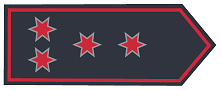 Schulterklappe in dunkelblauer Grundfarbe mit vier silber umrandeten sechszackigen Sternen rot gefüllt, zwei paarig außen und zwei mittig in Reihe folgend, Abzeichenumrandung in Rot