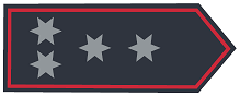 Schulterklappe in dunkelblauer Grundfarbe mit vier sechszackigen Sternen in Silber, 2 paarig außen und zwei mittig in Reihe folgend, Abzeichenumrandung in Rot