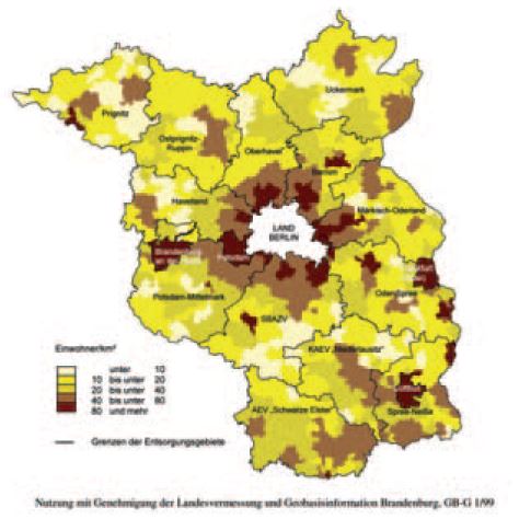 Einwohnerdichten in den Entsorgungsgebieten der öffentlich-rechtlichen Entsorgungsträger 2005