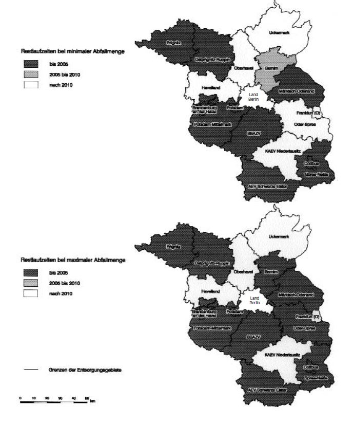 Abbildung: Restlaufzeiten der Siedlungsabfalldeponien der öffentlich-rechtlichen Entsorgungsträger bei Verfüllung des geplanten Volumens