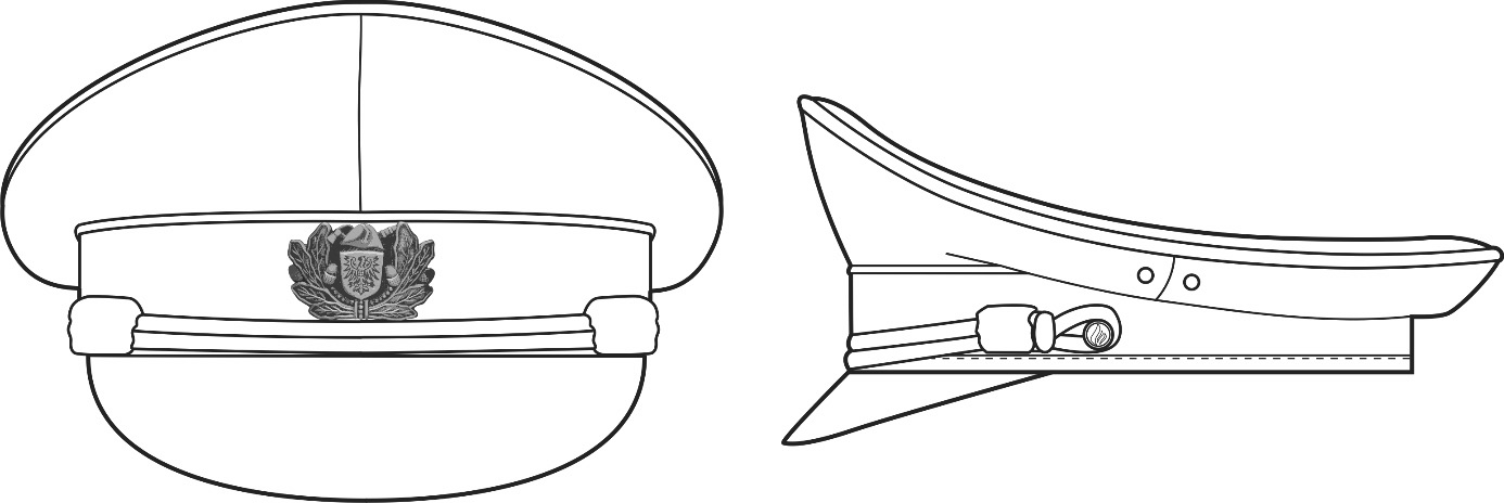 Die Abbildung zeigt als Strichzeichnung die Schirmmütze nebeneinander in einer Vorderansicht und in einer Seitenansicht. In der Seitenansicht zeigt der Mützenschirm nach links.