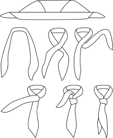 Die Abbildung zeigt in 7 Ansichten als Strichzeichnung die Bindung einer Knotenvariante des Halstuches. 