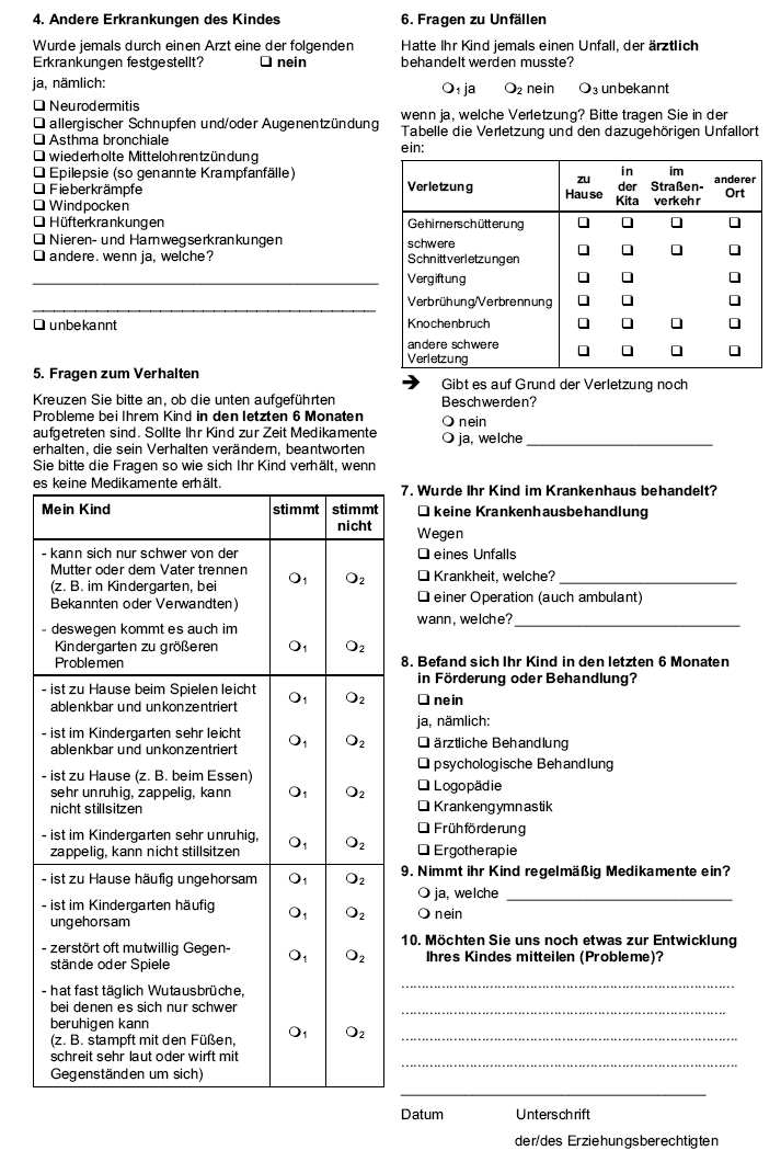 Muster eines Ärztlichen Dokumentationsbogens (Angaben zur kinderärztlichen Untersuchung Ihres Kindes - Kita) (Stand: 20.07.2009) - Seite 2 -