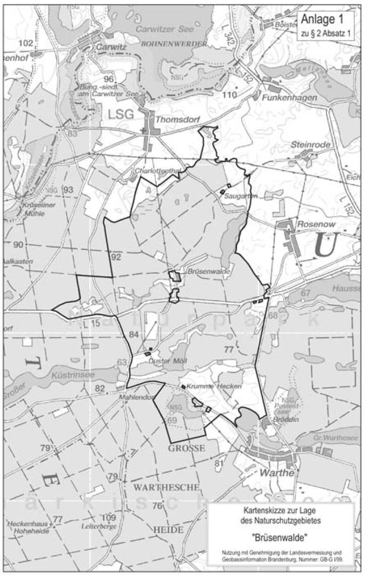 Kartenskizze zur Lage des Naturschutzgebietes "Brüsenwalde"