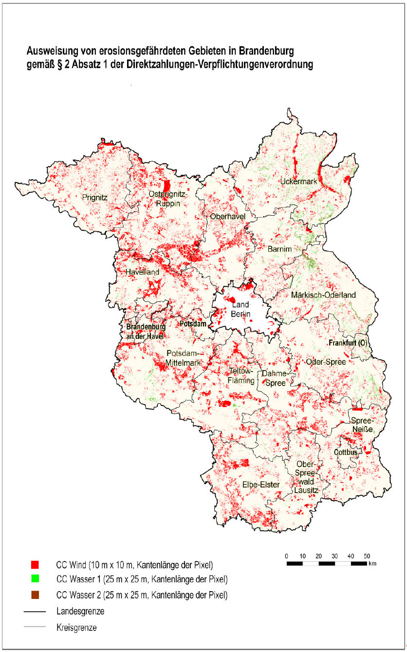 Karte - Ausweisung von erosionsgefährdeten Gebieten in Brandenburg gemäß § 2 Absatz 1 der Direktzahlungen-Verpflichtungenverordnung