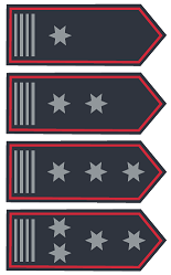 Vier verschiedene Dienstgradabbildungen untereinander mit vier silbernen Streifen am Rand der Schulterklappe gegenüber der Spitze