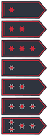 Sieben verschiedene Dienstgradabbildungen untereinander mit einem roten Streifen am Rand der Schulterklappe gegenüber der Spitze 