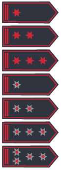 Sieben verschiedene Dienstgradabbildungen untereinander mit zwei roten Streifen am Rand der Schulterklappe gegenüber der Spitze 