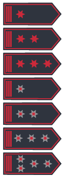 Sieben verschiedene Dienstgradabbildungen untereinander mit drei roten Streifen am Rand der Schulterklappe gegenüber der Spitze