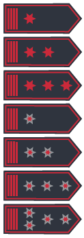 Sieben verschiedene Dienstgradabbildungen untereinander mit vier roten Streifen am Rand der Schulterklappe gegenüber der Spitze