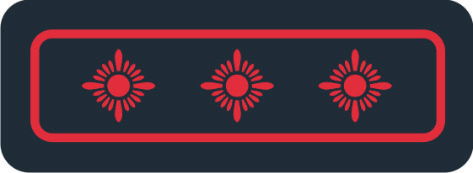 Abzeichen auf blauem Untergrund mit drei roten Sternen nebeneinander zentriert, mit eingerückter roter Umrahmung