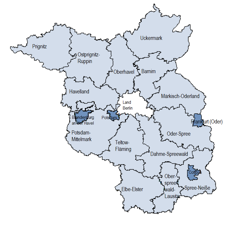 Abbildung 5-1: Verwaltungsgliederung des Landes Brandenburg, Abbildung der Landkarte von Brandenburg mit den einzelnen Landkreisen und kreisfreien Städten. Abbildung 5-1: Verwaltungsgliederung des Landes Brandenburg, Abbildung der Landkarte von Brandenburg mit den einzelnen Landkreisen und kreisfreien Städten.