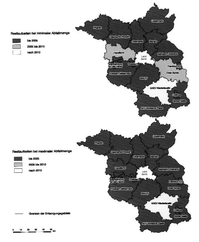 Abbildung: Restlaufzeiten der Siedlungsabfalldeponien der öffentlich-rechtlichen Entsorgungsträger bei Verfüllung des technisch erforderlichen Mindestvolumens