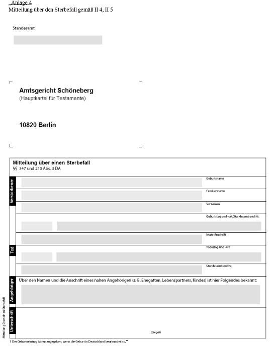 Anlage 4: Mitteilung über den Sterbefall gemäß II 4, II 5