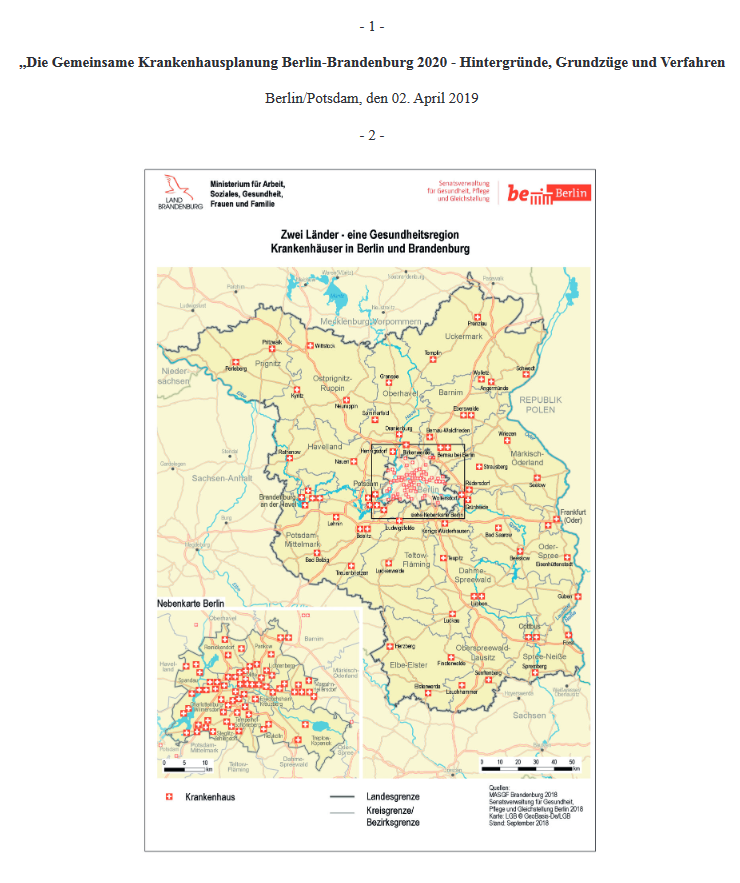 Eine Karte von Berlin und Brandenburg zeigt die Krankenhausstandorte der Länder unter der Überschrift „Zwei Länder - eine Gesundheitsregion“. In einer Nebenkarte wird der Ausschnitt der Karte, die Berlin und seine Krankenhausstandorte zeigt, vergrößert dargestellt. Die Karten entsprechen dem Stand 2018. Die Grafik dient als Titelbild des Grundlagenpapiers, welches im Vierten Krankenhausplan im Wortlaut wiedergegeben wird.