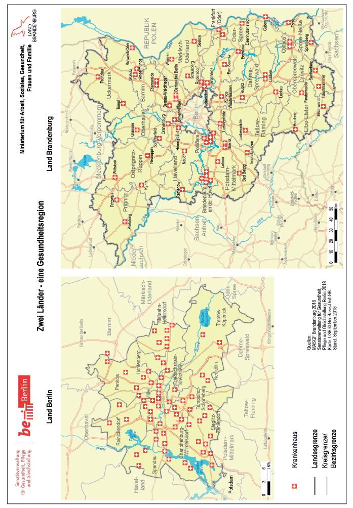 Das Grundlagenpapier schließt mit zwei nebeneinander dargestellten Karten unter dem Titel „Zwei Länder - eine Gesundheitsregion“ ab. Die linke Karte zeigt das Land Berlin mit seinen Krankenhausstandorten in den Bezirken. Die rechte Karte zeigt das Land Brandenburg mit seinen Krankenhausstandorten in den Landkreisen und kreisfreien Städten. Die Karten entsprechen dem Stand 2018.