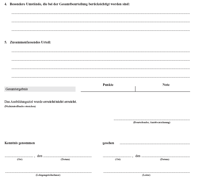 Folgeseite des Musters einer Beurteilung (zu § 15 Abs. 1)