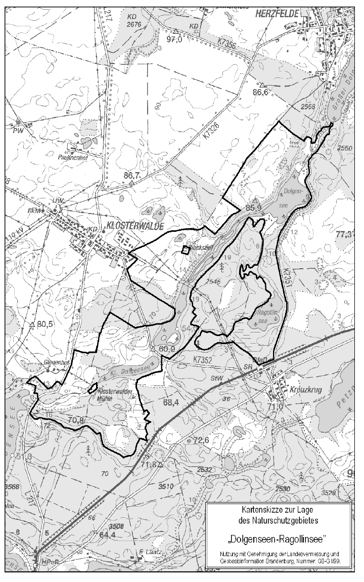 Das rund 431 Hektar große Naturschutzgebiet "Dolgensee-Ragolinsee" liegt in der Stadt Templin, Gemarkungen Herzfelde, Klosterwalde und Petznick.