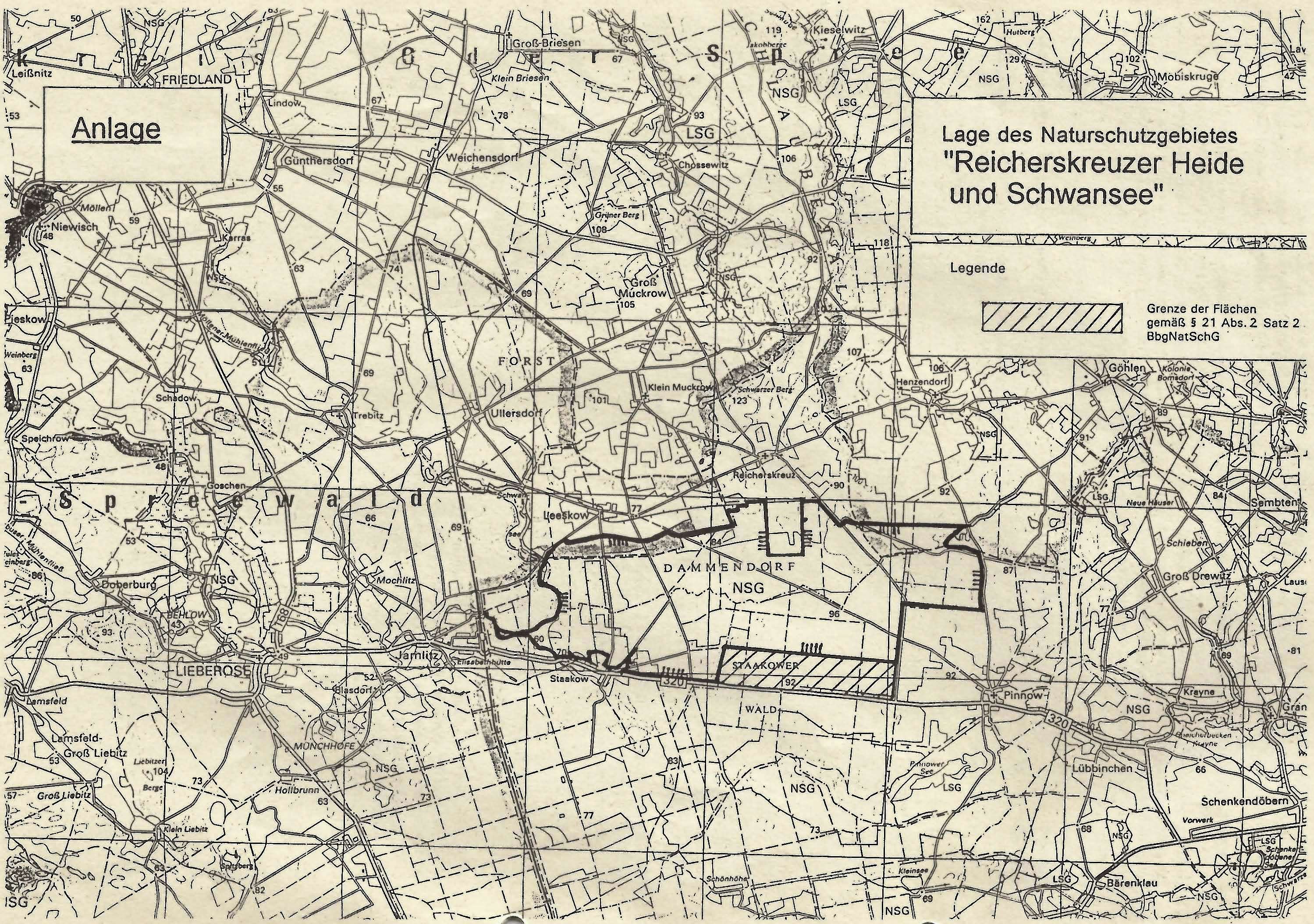 Kartenskizze zur Lage des Naturschutzgebietes "Reicherskreuzer Heide und Schwansee"