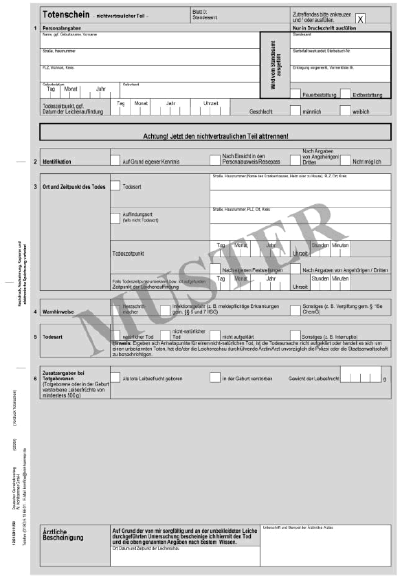 Muster eines Totenscheines - Blatt 0 - (nicht vertraulicher Teil - Standesamt)