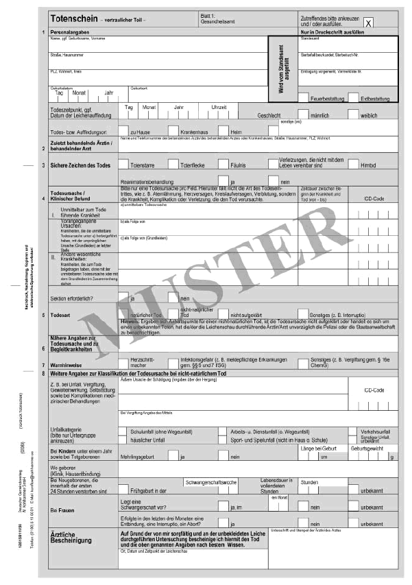 Muster eines Totenscheines - Blatt 1 - (vertraulicher Teil - Gesundheitsamt)