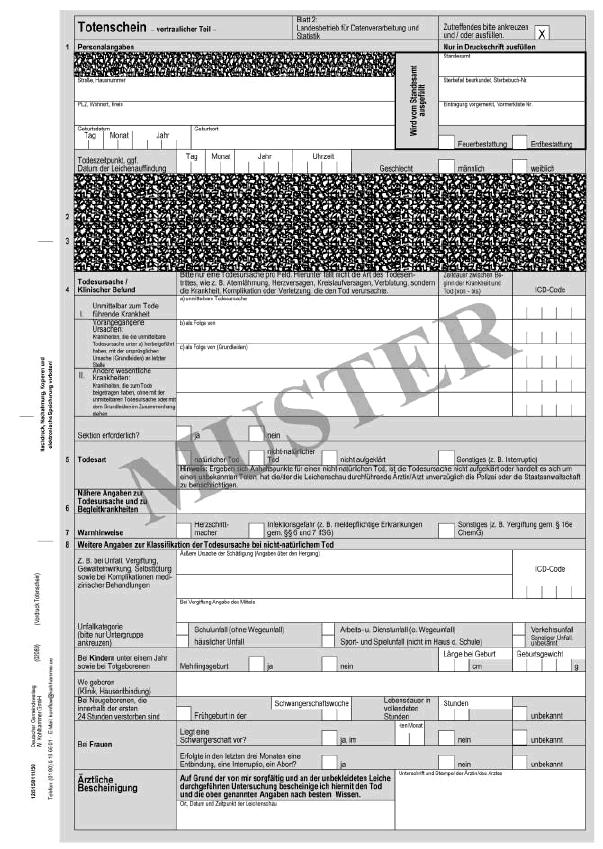 Muster eines Totenscheines - Blatt 2 - (vertraulicher Teil - Landesbetrieb für Datenverarbeitung und Statistik) Muster eines Totenscheines - Blatt 2 - (vertraulicher Teil - Landesbetrieb für Datenverarbeitung und Statistik)