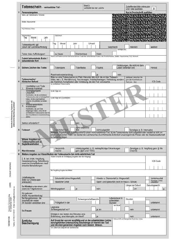 Muster eines Totenscheines - Blatt 3 - ( vertraulicher Teil - verbleibt bei der Leiche)