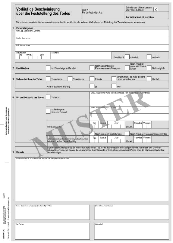 Muster einer vorläufigen Bescheinigung über die Feststellung des Todes - Blatt 2 - (Für die Ärztin/den Arzt)  