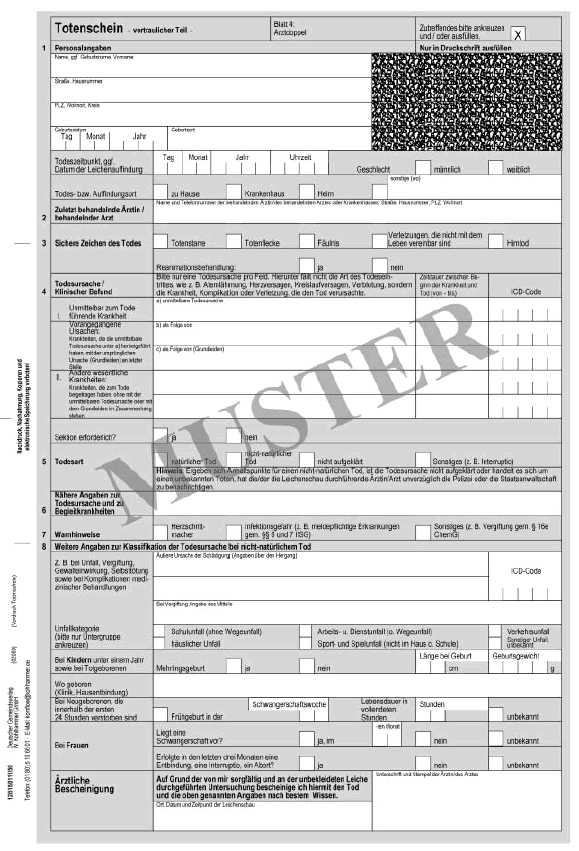 Muster eines Totenscheines - Blatt 4 - (vertraulicher Teil - Arztdoppel) Muster eines Totenscheines - Blatt 4 - (vertraulicher Teil - Arztdoppel)