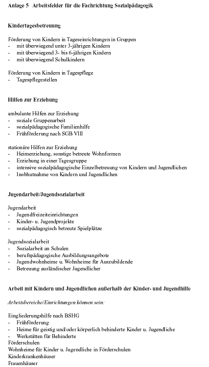 Anlage 5: Arbeitsfelder für die Fachrichtung Sozialpädagogik Anlage 5: Arbeitsfelder für die Fachrichtung Sozialpädagogik