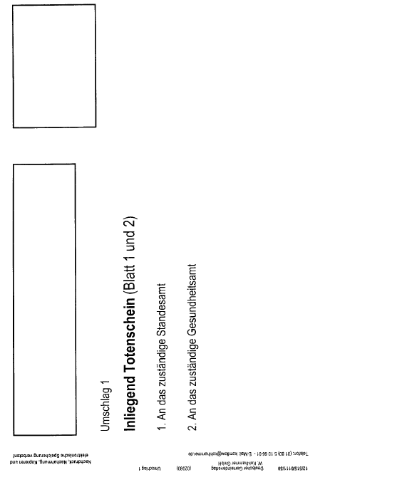 Muster eines Briefumschlages zur Versendung eines Totenscheines