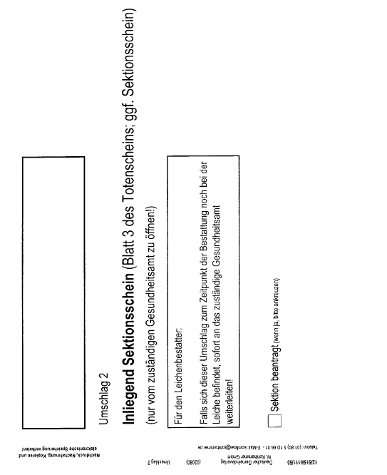 Muster eines Briefumschlages zur Versendung eines Sektionsscheines