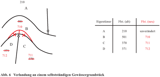 Abb. 6 Verlandung an einem selbstständigen Gewässergrundstückund Tabelle mit der Gegenüberstellung alter und neuer Flurstücksnummern