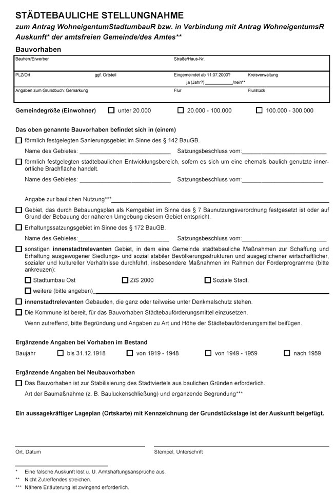 Formular zur Städtebaulichen Stellungnahme der amtfreien Gemeinde/des Amtes