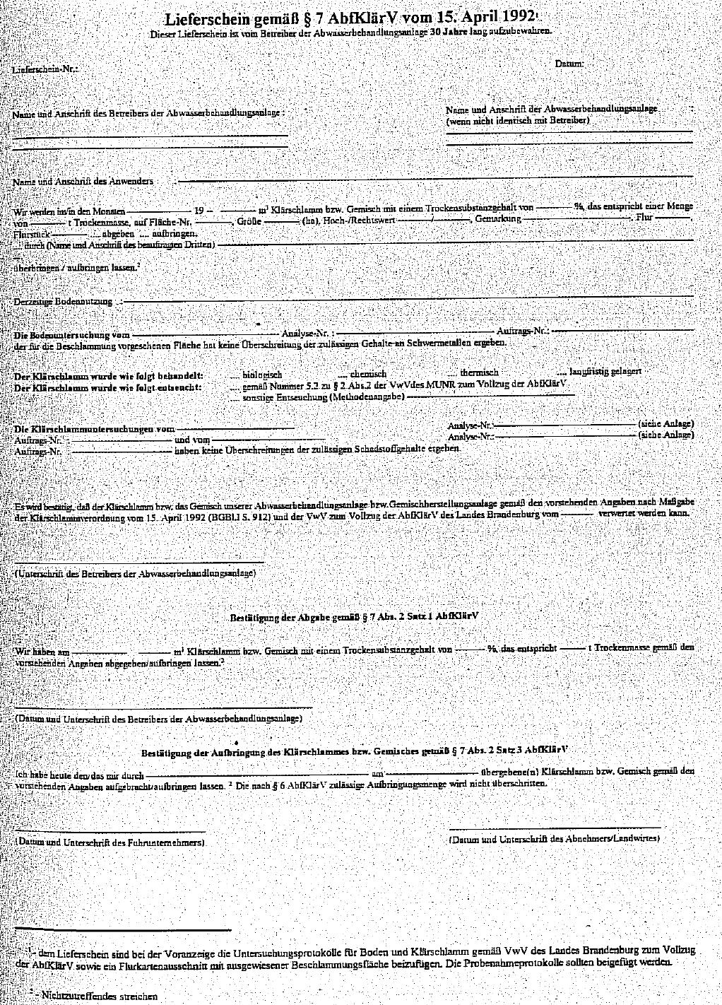 Lieferschein gemäß § 7 AbfKlärV vom 15. April 1992