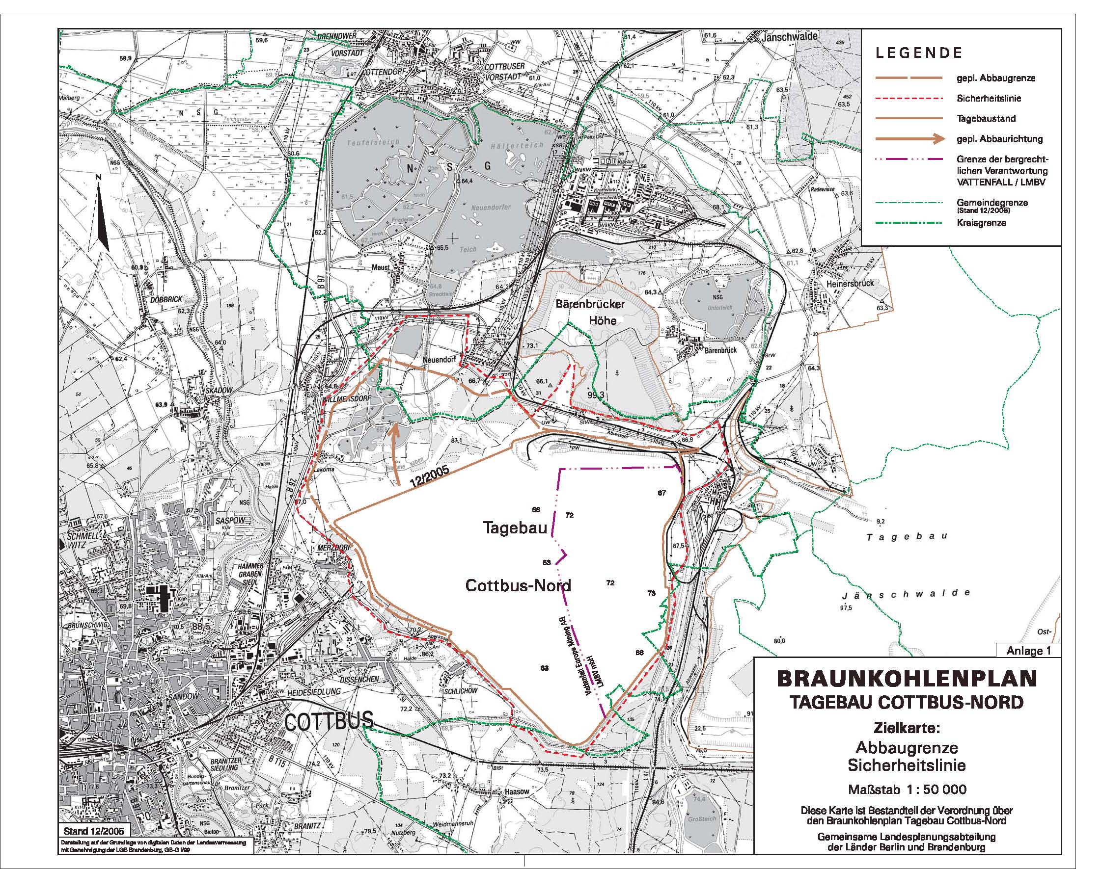 Braunkohlenplan - Tagebau Cottbus-Nord - Zielkarte: Abbaugrenze, Sicherheitslinie
