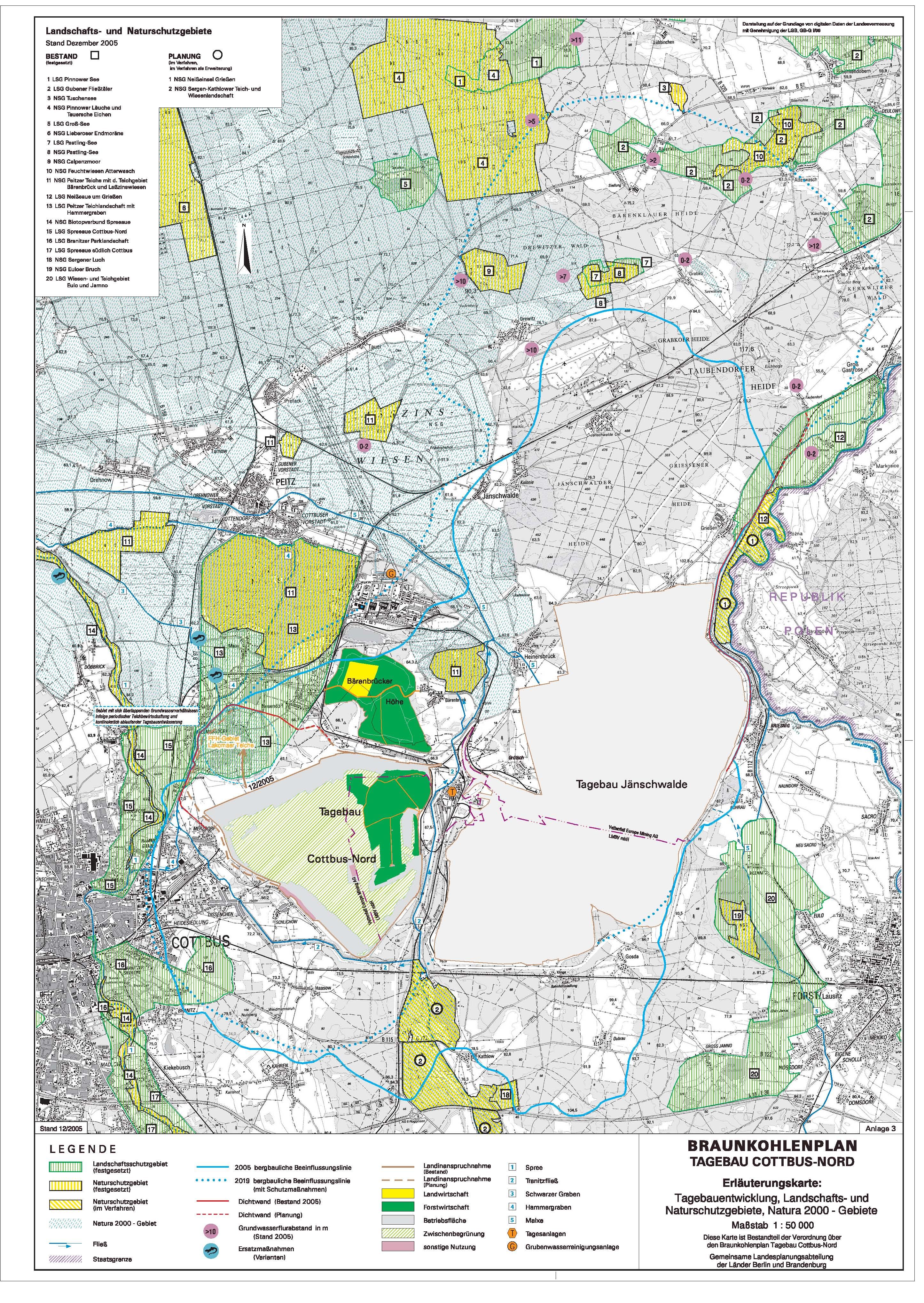 Braunkohlenplan - Tagebau Cottbus-Nord - Erläuterungskarte: Tagebauentwicklung, Landschafts- und Naturschutzgebiete, Natura 2000 - Gebiete