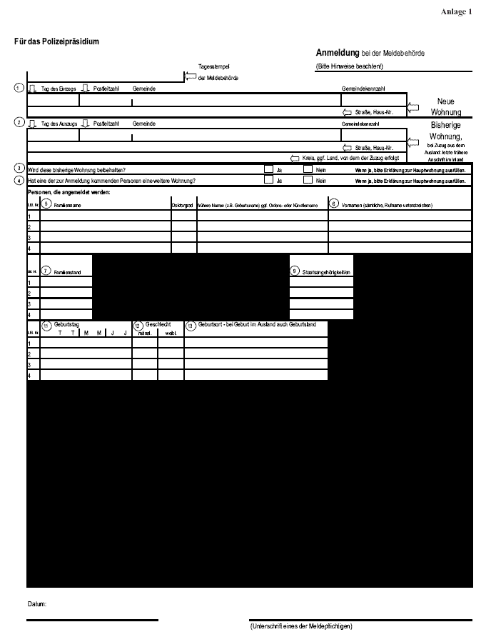 Vordruck einer Anmeldung bei der Meldebehörde (Polizeipräsidium)