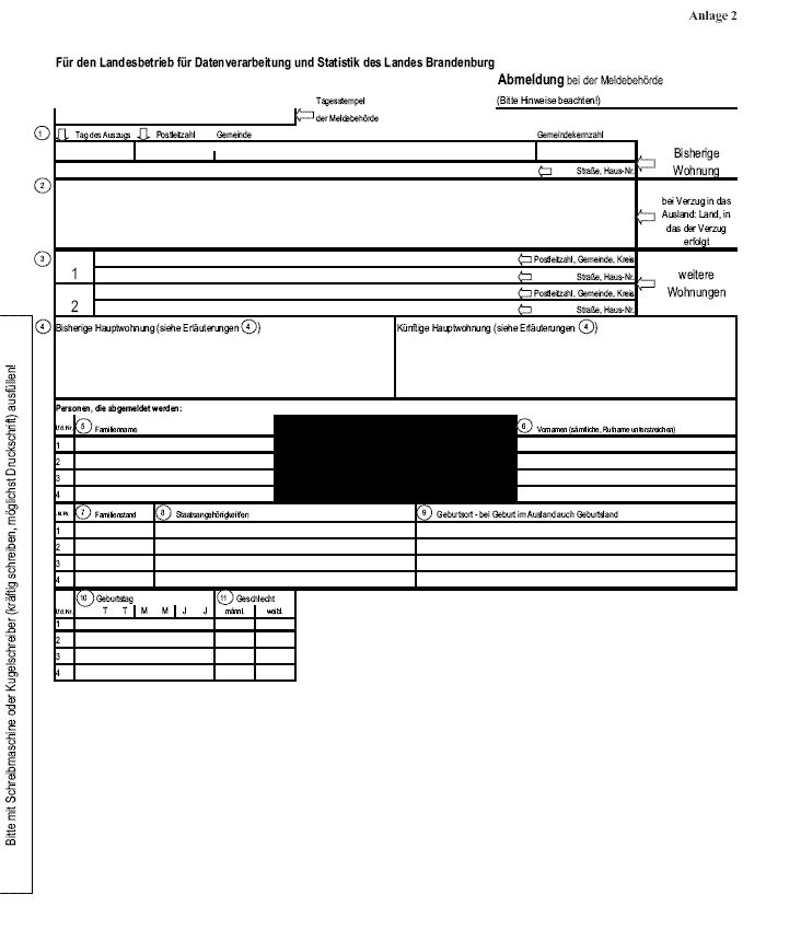 Vordruck einer Abmeldung bei der Meldebehörde (Landesamt für Datenverarbeitung und Statistik des Landes Brandenburg)