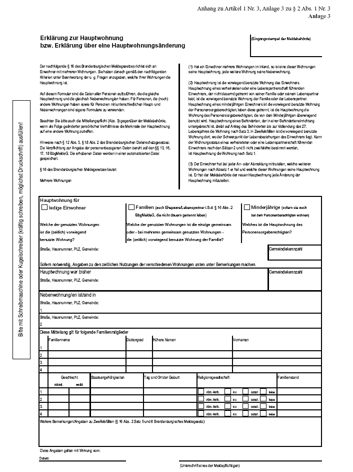 Erklärung zur Hauptwohnung bzw. über eine Hauptwohnungsänderung