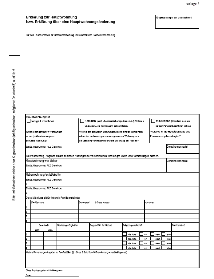 Erklärung zur Hauptwohnung bzw. über eine Hauptwohnungsänderung (Landesamt für Datenverarbeitung und Statistik des Landes Brandenburg)