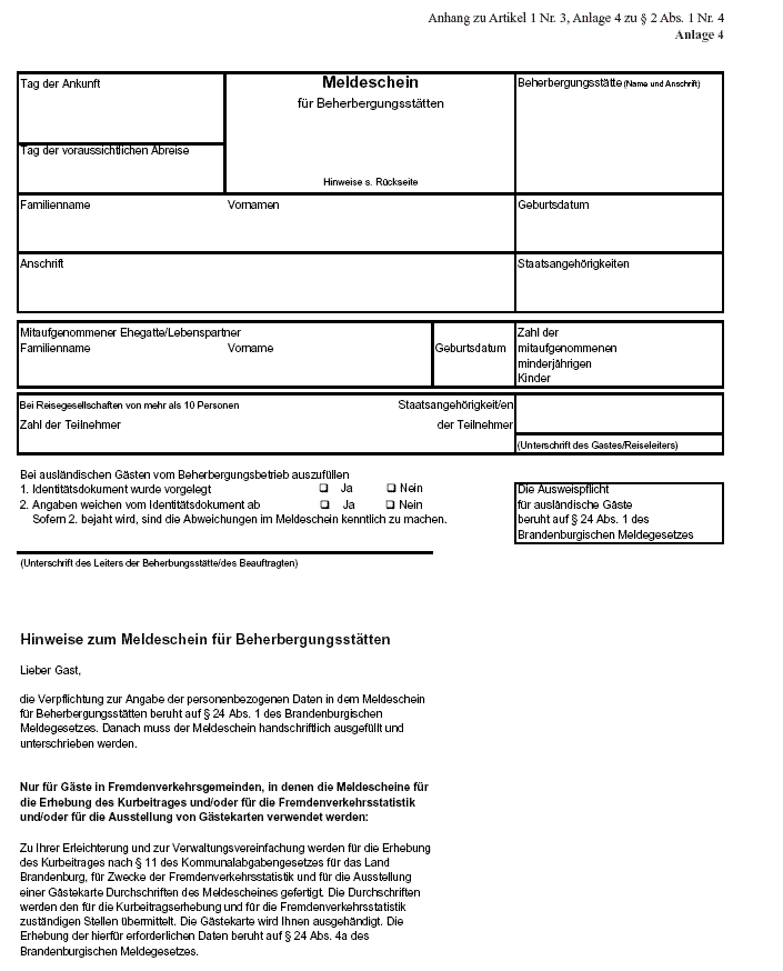 Vordruck eines Meldescheines für Beherbungsstätten