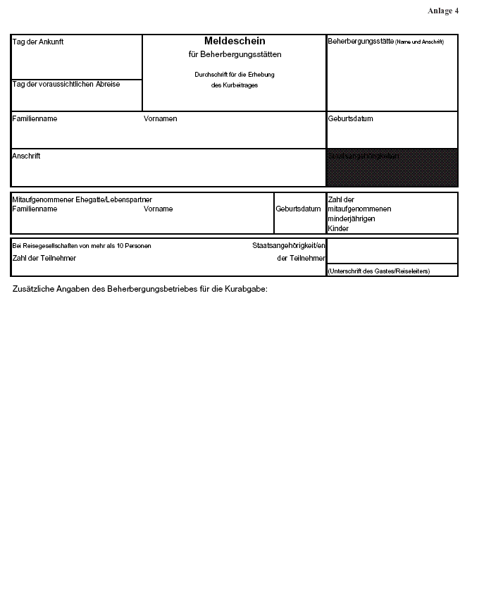 Vordruck eines Meldescheines für Beherbungsstätten (Durchschrift für die Erhebung des Kurbeitrages)