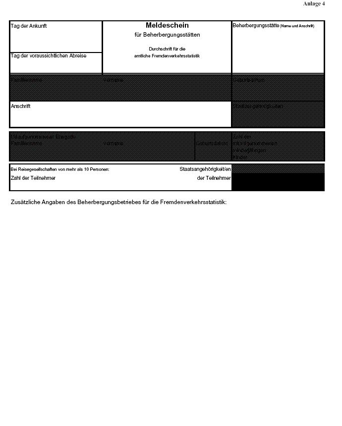 Vordruck eines Meldescheines für Beherbungsstätten (Durchschrift für die amtliche Fremdenverkehrsstatistik)