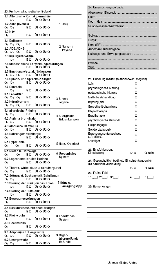 Anhang zu Artikel 1 Nr. 3, Anlage 1 zu § 3 Abs. 2 Satz 1(Muster eines ärztlichen Dokumentationsbogens für Kinder und Jugendliche - Rückseite 
